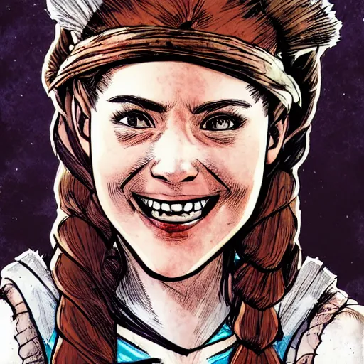 Prompt: portrait of laughing ((((((((((Aloy from Horizon: Zero Dawn)))))))))), comic book illustration, by John Kirby