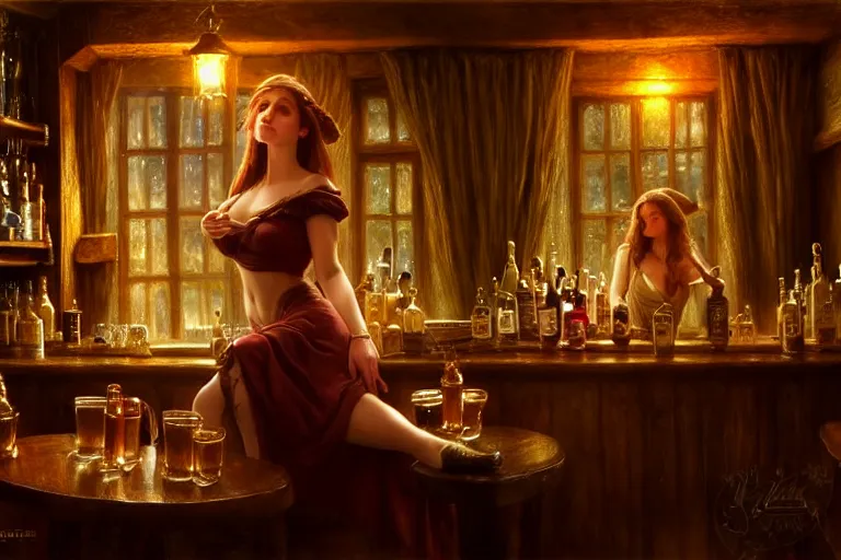 Image similar to a beautiful barmaid, dimly lit cozy tavern, relaxed pose, fantasy, intricate, elegant, dramatic lighting, emotionally evoking symbolic metaphor, highly detailed, lifelike, photorealistic, digital painting, artstation, concept art, smooth, sharp focus, illustration, art by John Collier and Albert Aublet and Krenz Cushart and Artem Demura and Alphonse Mucha, epic composition, grim yet sparkling atmosphere, dim volumetric lighting, 8k octane beautifully detailed render, post-processing, extremely hyperdetailed, cinematic lighting + masterpiece, trending on artstation