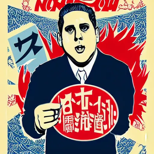 Image similar to NO JONAH HILL ALLOWED. JONAH HILL is the subject of this ukiyo-e hellfire eternal damnation catholic strict propaganda poster rules religious. WE RULE WITH AN IRON FIST. mussolini. Dictatorship. Fear. 1940s propaganda poster. ANTI JONAH HILL. 🚫 🚫 JONAH HILL. POPE. art by joe mugnaini. art by dmitry moor. Art by Alfred Leete.