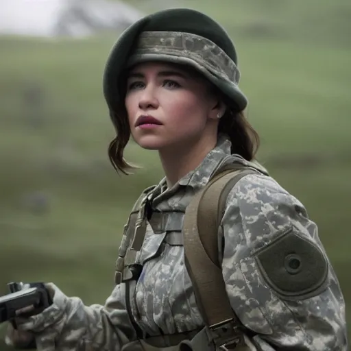 Image similar to a photograph of emilia clark as a female soldier, cinematic lightening, professional, pentax k 1 0 0 0, sharp focus