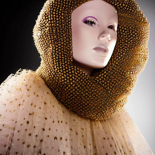 Prompt: a beautiful dress made of a real bee hive, on a mannequin. high resolution, studio lighting, closeup