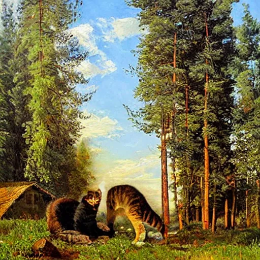 Image similar to huge cat near houses, oil painting by Ivan Shishkin