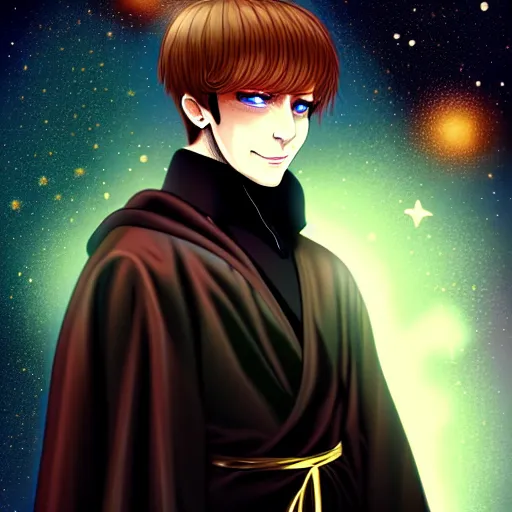 Image similar to a man with with brown hair, eyes with stars and galaxies in his eyes, wearing a black robe with the tips made of gold, anime, trending on artstation, high quality