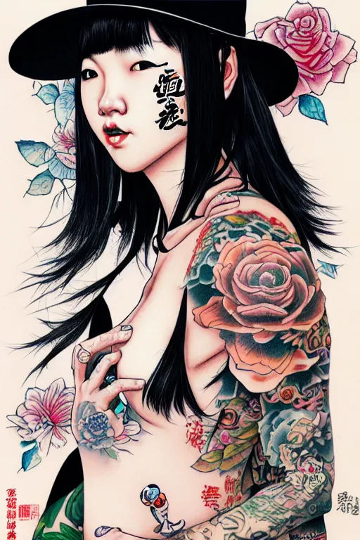 Image similar to full view of taiwanese girl with tattoos, wearing a cowboy hat, style of yoshii chie and hikari shimoda and martine johanna and will eisner, highly detailed