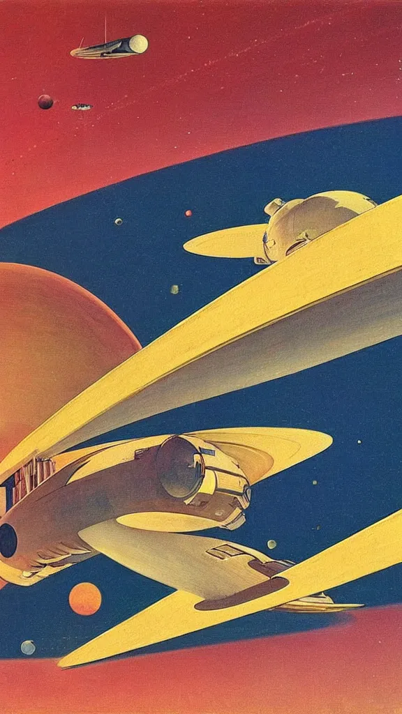 Image similar to a spaceship flying through a solar system, 1950s art deco, retrofuturism, edward hopper