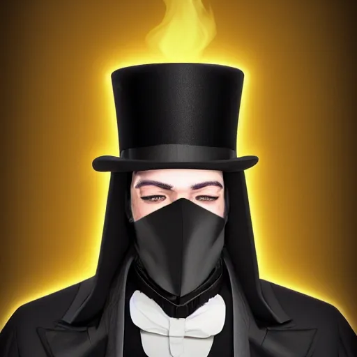 Image similar to a highly detailed portrait of a man in a high top hat covering his face, in a black tailcoat with a yellow waistcoat under the tailcoat, artstation, deviantart, professional, unreal engine 5, photorealistic