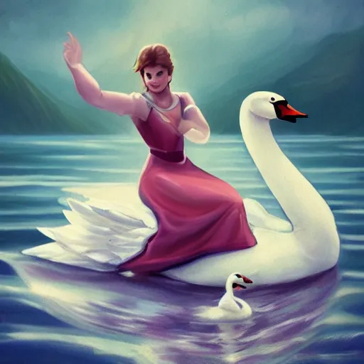 Prompt: a princess riding a giant swan in the lake, trending on artstation