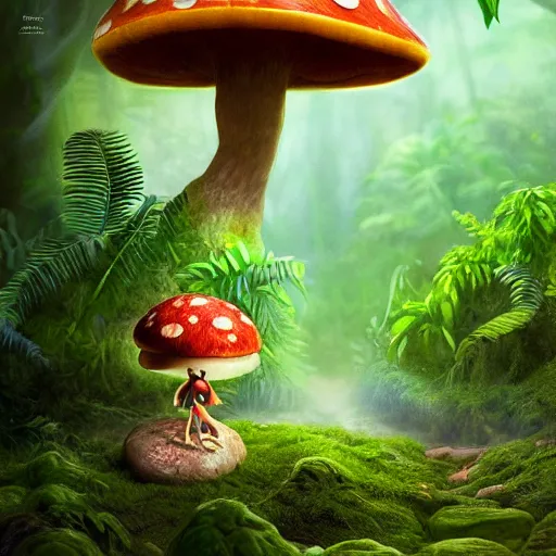 Image similar to Intricate detailed illustration, A small and happy humanoid mushroom frolicking in a lush tropical jungle, 🍄 , cinematic lighting, by Philip Hood, wide angle, volumetric light scattering, 8k, artstation, concept art,