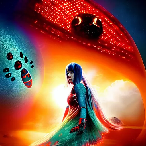 Image similar to film still, ladybug futuristic ( ( descendants ) ), ladybug quadruped with big rgb eyes, huge ladybug mothership, epic cosmos, dramatic lighting, the fellowship of the ring ( film ) blade runner ( film ) genre. imax, 7 0 mm.