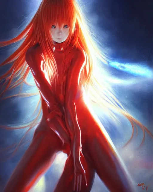 Image similar to asuka langley soryu wearing plugsuit, award winning photograph, radiant flares, realism, lens flare, intricate, various refining methods, micro macro autofocus, evil realm magic painting vibes, hyperrealistic painting by michael komarck - stephen gemmell