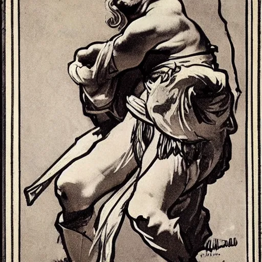 Image similar to Obelix posing without his helmet on by Alphonso Mucha