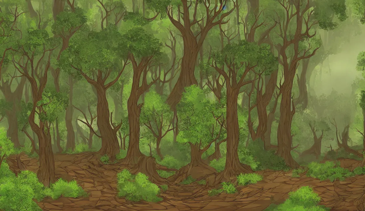Prompt: a forest scenery background for a point and click adventure game