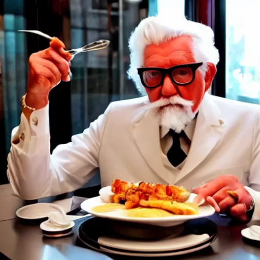 Prompt: colonel sanders eating in a michelin star french restaurant