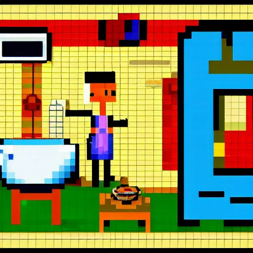 Prompt: filipino girl cooking rice in a pixel art style