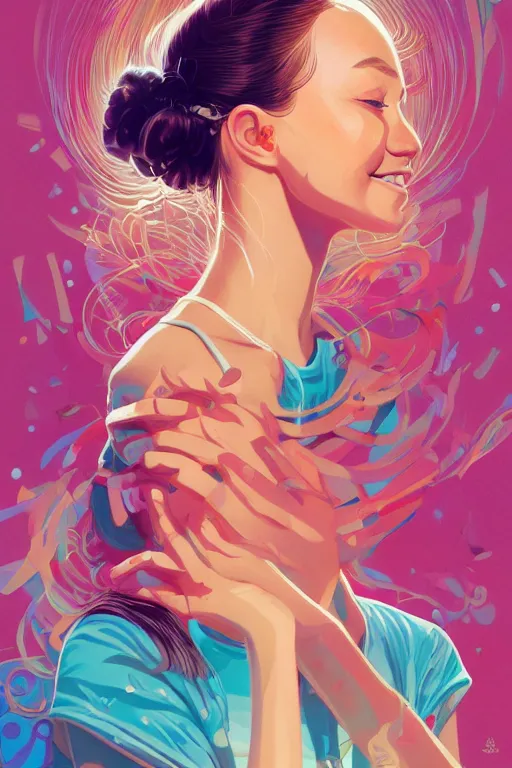 Image similar to a smiling cute girl beautiful skin and wavy hair, tristan eaton, victo ngai, artgerm, rhads, ross draws