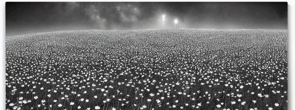 Image similar to A serene flower field at night by Kentaro Miura, highly detailed, black and white