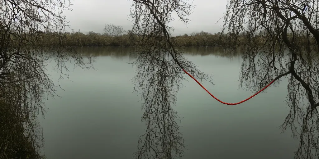 Image similar to symmetrical color photograph of a very long rope on the surface of the water, the rope is snaking from the foreground stretching out towards the center of the lake, a dark lake on a cloudy day, trees in the background, anamorphic lens