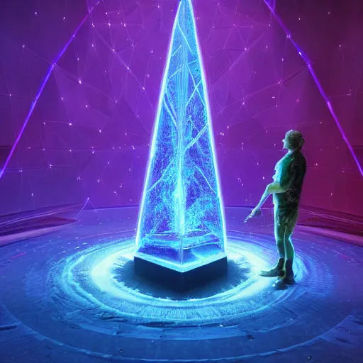 Image similar to A space wizard stand in front of giant, glowing crystal sits in the center of a dark room, Strange symbols line the walls, and a soft light glows from somewhere deep within the room, highly detailed, digital photo, HDRI, by christopher bretz and kael ngu, vivid colors, high contrast, 8k resolution, intricate, photorealistic, smooth, psychedelic color scheme, concept art, award winning, behance contest winner