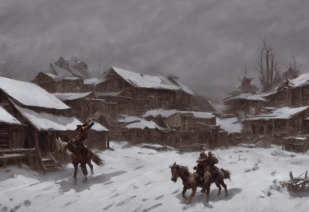 Prompt: greg manchess painting of a wild west abandoned town landscape in winter with no person nor horse in the painting only buildings in the year 1 8 5 0, nobody living there, snow storm, grey sky, painting, trending on artstation, by huang guangjian and gil elvgren and sachin teng