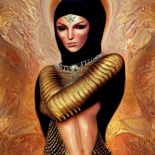 Image similar to a full body beautiful woman wearing a niqab made of silk with golden jewelry and diamonds by alex gray and android jones, karol bak, ayami kojima, arabian, concept art, fantasy