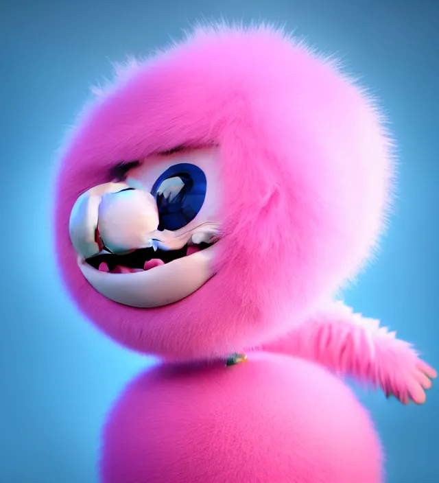 Prompt: high quality 3 d render hyperrealistic very cute big pink little spherical creature with big happy mouth, smile, plush mascot, short spiky dense fluffy smooth hair, isometric view, pink fluffy fur, 1 5 0 mm, beautiful natural soft light, rim light, smooth background, artstation, ultra detailed, elegant, ultra detailed, metallic armor, octane render