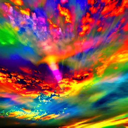 Image similar to psychedelic multicolor clouds, god rays, volumetric lighting, dynamic intricate ornate