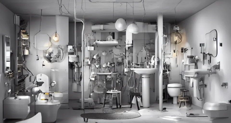 Image similar to IKEA catalogue photo of an epic cyberpunk bathroom, designed by Frank Gehry, Buckminster Fuller, Nikola Tesla, 8k, HD, realistic, cinematic