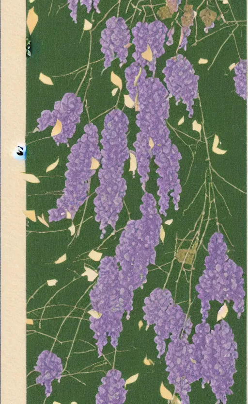 Image similar to by akio watanabe, manga art, wisteria flowers falling down, trading card front
