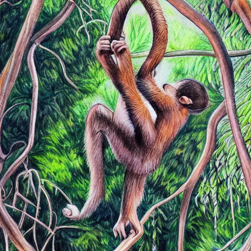 Prompt: Colored pencil art on paper, Monkey Swinging from jungle branches, highly detailed, artstation, MasterPiece, Award-Winning, Caran d'Ache Luminance