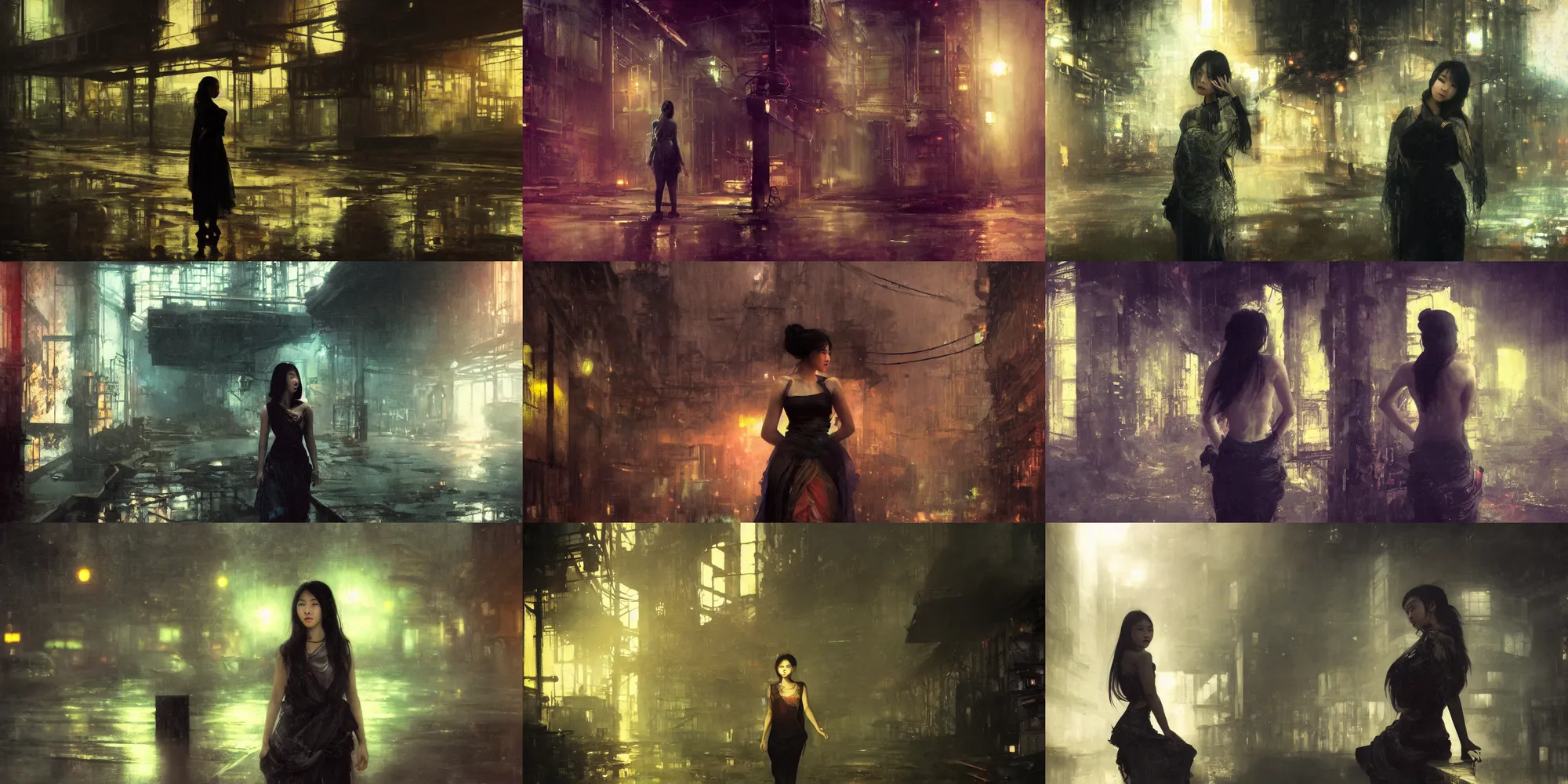 Prompt: a beautiful young asian woman in abandoned industrial city at night, dark moody lighting, vibrant, by jeremy mann and alphonse mucha, dramatic lighting, ethereal, stunning, breathtaking, awe - inspiring award - winning, 8 k