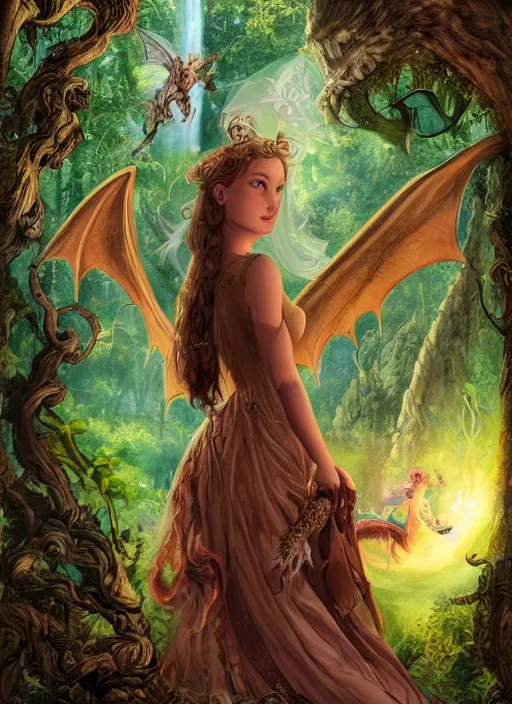 Prompt: movie poster, fantasy, kingdom in the woods, dragons, detailed profile of a beautiful woman, fairies, magical, enchanting, nostalgic, by john alvin,