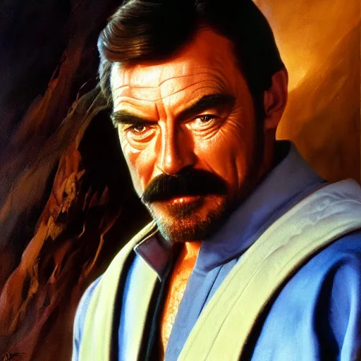 Image similar to ultra realistic portrait painting of tom selleck as obi - wan kenobi, art by frank frazetta, 4 k, ultra realistic, highly detailed, epic lighting