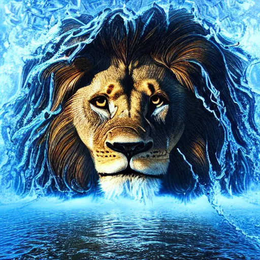 Image similar to a male lion's face breaching through a wall of water, headshot, water sprites, splashing, deep blue ocean, highly detailed, realistic digital art, trending on artstation