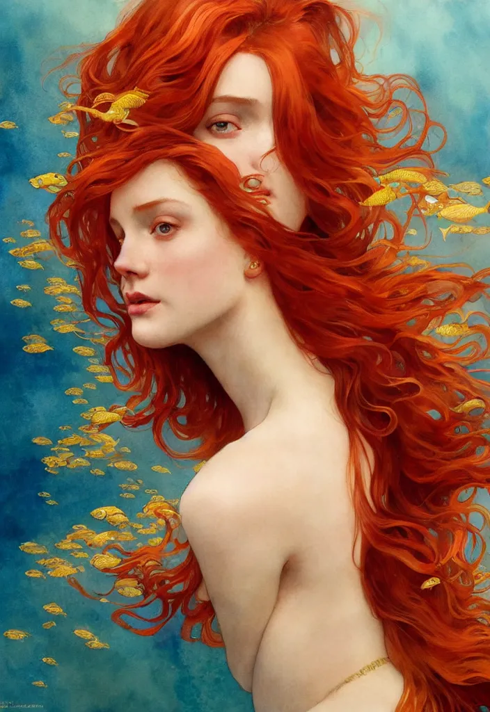 Prompt: beautiful watercolor painting of a young red hair woman swimming, surrounded by golden fish, intricate, elegant, highly detailed, digital painting, artstation, concept art, smooth, sharp focus, art by krenz cushart and artem demura and alphonse mucha, dynamic lighting, full body shot, ultrarealistic, cinematic, octane render, 8 k