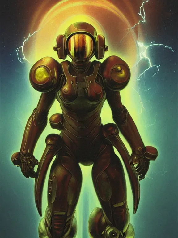 Image similar to a detailed profile painting of Samus Aran from Metroid in polished armour and visor. cinematic sci-fi poster. Cloth and metal. Welding, fire, flames, samurai Flight suit, accurate anatomy portrait symmetrical and science fiction theme with lightning, aurora lighting clouds and stars. Clean and minimal design by beksinski carl spitzweg giger and tuomas korpi. baroque elements. baroque element. intricate artwork by caravaggio. Oil painting. Trending on artstation. 8k