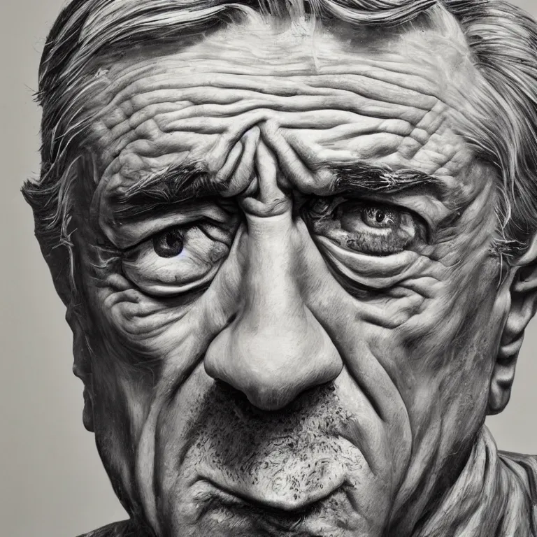 Image similar to close up studio portrait of aging old Robert De Niro age 115 wrinkled angry, impasto oil painting thick brushstrokes by Lucian Freud and Tim Hawkinson and Cy Twombly, trending on artstation Studio lighting Expressionism