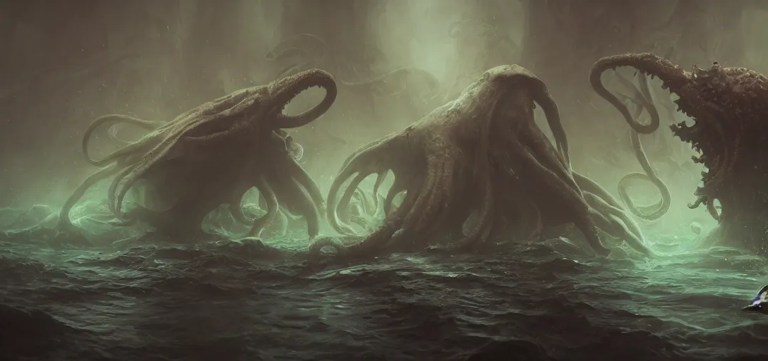 Image similar to cthulhu underwater eating a void fish, by peter mohrbacher dan mumford craig mullins nekro, cgsociety, pixiv, volumetric light, 3 d render, smoke, dark fog, high contrast colors