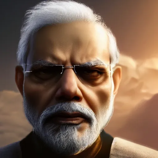 Prompt: portrait of angry Narendra Modi, dystopian, dirty, cyberpunk, volumetric lighting, cgsociety