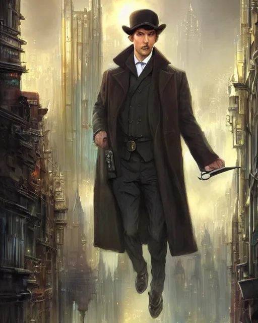 Prompt: a portrait of sherlock holmes in a futuristic city, soft colours, detailed, realistic, digital art, hd, by alayna lemmer, by tom bagshaw, by fintan magee