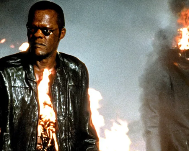 Prompt: Samuel L. Jackson plays Terminator wearing leather jacket and his endoskeleton is visible, walking out of flames