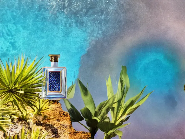 Image similar to perfume bottle in the center of a desert oasis in deep blue pond water surrounded by tropical flora ; 4 style of nicholas fols, 2 0 0 mm, mute dramatic colours, soft blur outdoor stormy sea background, volumetric lighting, hyperrealistic