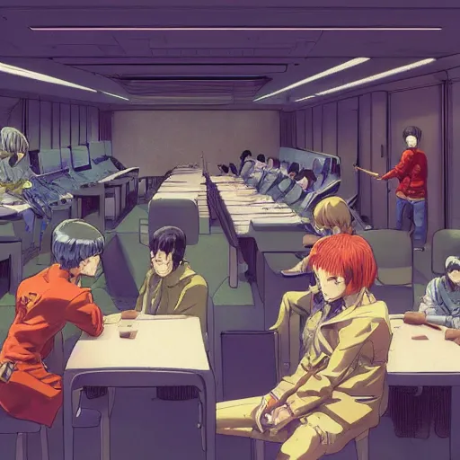 Prompt: a group of people sitting next to each other in a room, concept art by otomo katsuhiro, behance contest winner, retrofuturism, toonami, redshift, official art