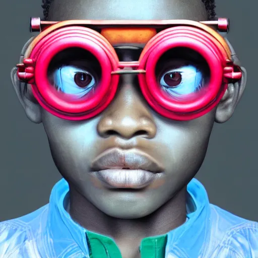 Prompt: colourful vfx upper half - portrait - art of a nigerian boy wearing steam punk goggles, art by utagawa kunisada & james jean, concept art, digital illustration, digital render, volumetric light, ray tracing, symmetrical, unreal engine, octane render, sharp, detailed, highly detailed, intricate detail, pinterest, behance, art station,