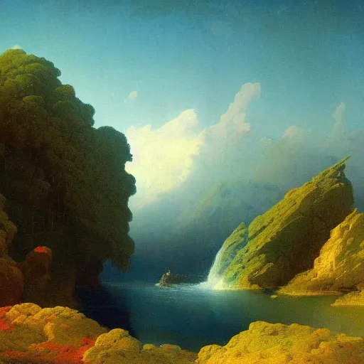 Prompt: painting of a lush natural scene on an alien planet by ivan aivazovsky. beautiful landscape. weird vegetation. cliffs and water.