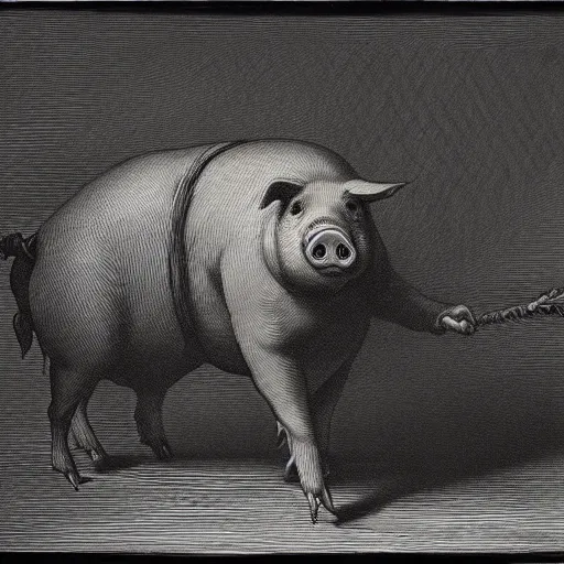 Image similar to pig in a tuxedo, dark, high detail, dramatic light, drawing gustave dore