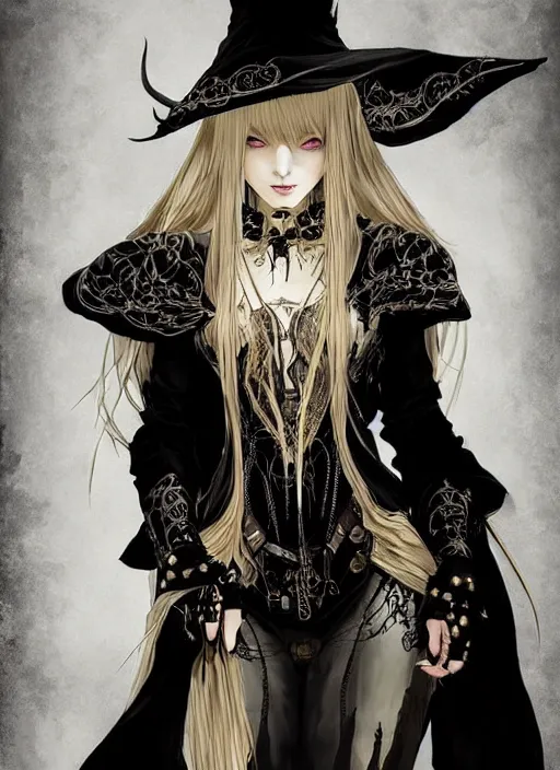 Image similar to beautiful human witch with blonde long straight hair in intricate ornate witch robe, haughty evil look, witch hat. in style of yoji shinkawa and hyung - tae kim, trending on artstation, dark fantasy, great composition, concept art, highly detailed, dynamic pose.