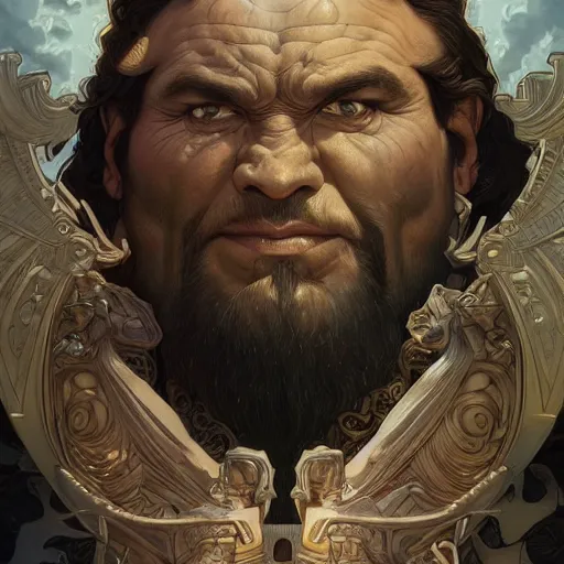 Image similar to hulking herculean ogre jesus christ, masterpiece, intricate, elegant, highly detailed, digital painting, artstation, concept art, smooth, sharp focus, illustration, art by artgerm and greg rutkowski and alphonse mucha and uang guangjian and gil elvgren and sachin teng, symmetry!!