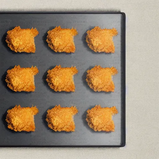 Prompt: chicken fried on a computer cpu chip plate rectangular processor, food, photograph, poster, orthographic