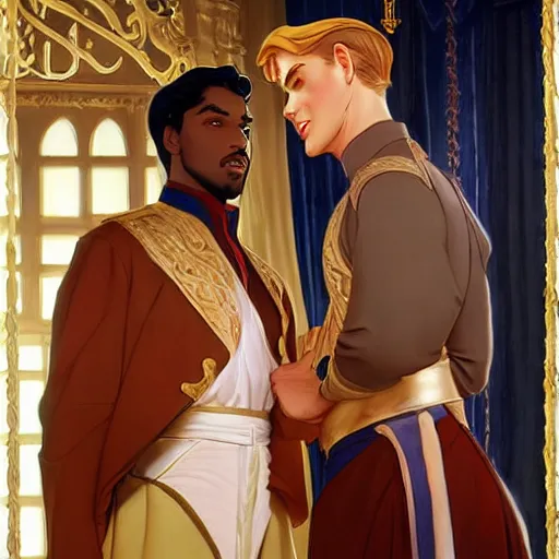 Image similar to attractive fully clothed king confesses his love for his attractive fully clothed male prince. highly detailed painting by glen keane and j. c. leyendecker 8 k