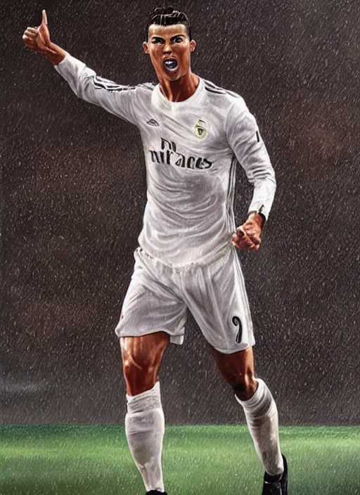 Prompt: epic face portrait cristiano ronaldo after scoring a goal, hard rain, michael whelan